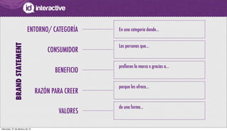 En una categoría donde...ENTORNO/ CATEGORÍA
BRANDSTATEMENT
CONSUMIDOR
Las personas que...
BENEFICIO
preﬁeren la marca x gracias a...
RAZÓN PARA CREER
porque les ofrece...
VALORES
de una forma...
miércoles, 27 de febrero de 13
 