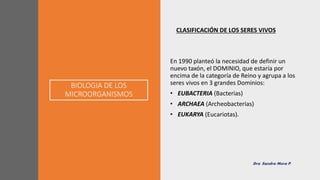 BIOLOGIA DE LOS
MICROORGANISMOS
En 1990 planteó la necesidad de definir un
nuevo taxón, el DOMINIO, que estaría por
encima de la categoría de Reino y agrupa a los
seres vivos en 3 grandes Dominios:
• EUBACTERIA (Bacterias)
• ARCHAEA (Archeobacterias)
• EUKARYA (Eucariotas).
CLASIFICACIÓN DE LOS SERES VIVOS
Dra. Sandra Mera P.
 