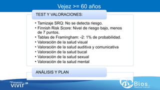 CV
CV
Vejez >= 60 años
• Tamizaje SRQ: No se detecta riesgo.
• Finnish Risk Score: Nivel de riesgo bajo, menos
de 7 puntos.
• Tablas de Framingham: -2: 1% de probabilidad.
• Valoración de la salud visual
• Valoración de la salud auditiva y comunicativa
• Valoración de la salud bucal
• Valoración de la salud sexual
• Valoración de la salud mental
TEST Y VALORACIONES:
ANÁLISIS Y PLAN
 