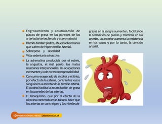 10 PREVENCIÓN DEL RIESGOCARDIOVASCULAR
Engrosamiento y acumulación de
placas de grasa en las paredes de las
arterias(arteriosclerosis yateromatosis)
Historiafamiliar:padres,abuelosohermanos
que sufren de Hipertensión Arterial.
Sobrepeso y obesidad
Vida sedentaria oinactiva
La adrenalina producida por el estrés,
la angustia, el mal genio, las malas
relaciones interpersonales,las ocupaciones
estresantesy/odeexcesivaresponsabilidad
Consumo exagerado de alcohol y el tinto,
por efectode la cafeína,contrae los vasos
sanguíneos aumentando latensión arterial.
El alcohol facilitala acumulación de grasa
en lasparedes de lasarterias.
El Tabaquismo, que por el efecto de la
nicotina contenida en el tabaco,hace que
las arterias se contraigan y los nivelesde
grasas en la sangre aumenten, facilitando
la formación de placas y trombos en las
arterias.Lo anterioraumenta laresistencia
en los vasos y
, por lo tanto, la tensión
arterial.
 