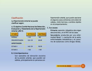 PREVENCIÓN DEL RIESGO CARDIOVASCULAR 11
Clasificación
La HipertensiónArterial se puede
clasificarsegún:
A. El séptimo Comité Nacional de Detección,
Evaluación y Tratamiento de la Hipertensión
Arterial (JNC7):
ESTADO
NORMAL
SISTÓLICA
<120
DIASTÓLICA
<80
PREHIPERTENSIÓN 120-139 80-89
HIPERTENSIÓN
ESTADO 1 140-159 90-99
ESTADO 2 >160 >100
B. Crisishipertensiva:
Son episodios de elevación excesiva
de la presión arterial, que pueden ser
súbitos, principalmente en personascon
hipertensión arterial, que puede asociarse
enalgunoscasosasíntomascomodolorde
cabeza, visión borrosa y cambios rápidos
en elcomportamiento.
C. Sus causas:
Primaria: esencial o idiopática (de origen
desconocido) ,en el90% de los casos.
Secundaria: producida por una enfer-
medad Renal: 1, coartación de la aorta,
enfermedades metabólicas y el consu-
mo de sustancias como drogas ilícitas.
 