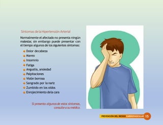PREVENCIÓN DEL RIESGO CARDIOVASCULAR 15
SíntomasdelaHipertensión Arterial
Normalmente el afectado no presenta ningún
malestar
, sin embargo puede presentar con
eltiempo algunos de los siguientes síntomas:
Dolor decabeza
Mareo
Insomnio
Fatiga
Angustia, ansiedad
Palpitaciones
Visión borrosa
Sangrado por la nariz
Zumbido en los oídos
Enrojecimiento dela cara
Si presenta algunosde estos síntomas,
consulteasumédico.
 