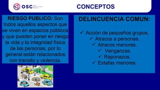 CONCEPTOS
RIESGO PUBLICO: Son
todos aquellos aspectos que
se viven en espacios públicos
y que pueden poner en riesgo
la vida y la integridad física
de las personas, por lo
general están relacionados
con transito y violencia.
DELINCUENCIA COMUN:
 Acción de pequeños grupos.
 Atracos a personas.
 Atracos menores.
 Venganzas.
 Raponazos.
 Estafas menores.
 