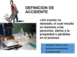 DEFINICION DE
ACCIDENTE
Un evento no
deseado, el cual resulta
en lesiones a las
personas, daños a la
propiedad o pérdidas
en el proceso
1. Accidente Trivial o Leve
2. Accidente Incapacitante.
3. Accidente Fatal
 
