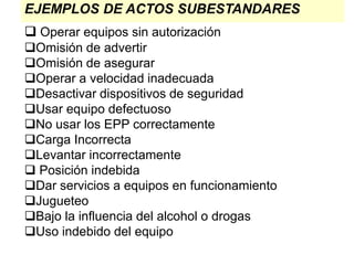 EJEMPLOS DE ACTOS SUBESTANDARES
 Operar equipos sin autorización
Omisión de advertir
Omisión de asegurar
Operar a velocidad inadecuada
Desactivar dispositivos de seguridad
Usar equipo defectuoso
No usar los EPP correctamente
Carga Incorrecta
Levantar incorrectamente
 Posición indebida
Dar servicios a equipos en funcionamiento
Jugueteo
Bajo la influencia del alcohol o drogas
Uso indebido del equipo
 