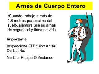 Arnés de Cuerpo Entero
Importante
Inspeccione El Equipo Antes
De Usarlo.
No Use Equipo Defectuoso
•Cuando trabaje a más de
1.8 metros por encima del
suelo, siempre use su arnés
de seguridad y línea de vida.
 