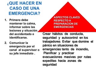 ASPECTOS CLAVES
RESPECTO A
PREPARACION DE
EMERGENCIAS
¿QUE HACER EN
CASO DE UNA
EMERGENCIA?
1. Primero debe
mantener la calma,
informar sobre las
lesiones y situación
del accidentado e
identificarse.
2. Comunicar la
emergencia por el
canal al supervisor o
su jefe inmediato .
Crear hábitos de conducta,
seguridad y autocontrol en los
trabajadores Evitar que domine el
pánico en situaciones de
emergencias tanto de incendio,
Planificar y practicar
evacuaciones masivas por rutas
expeditas hacia zonas de
seguridad
 