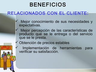 BENEFICIOS
 Mejor conocimiento de sus necesidades y
expectativas.
 Mejor percepción de las características de
producto que se le entrega o del servicio
que se le presta.
 Obtención de precios estables
 Implementación de herramientas para
verificar su satisfacción.
RELACIONADOS CON EL CLIENTE:
 