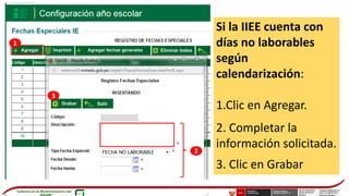 Si la IIEE cuenta con
días no laborables
según
calendarización:
1.Clic en Agregar.
2. Completar la
información solicitada.
3. Clic en Grabar
1
2
3
 