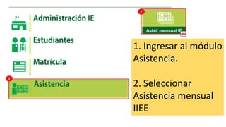 1. Ingresar al módulo
Asistencia.
2. Seleccionar
Asistencia mensual
IIEE
1
2
 