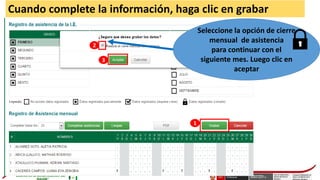 Cuando complete la información, haga clic en grabar
Seleccione la opción de cierre
mensual de asistencia
para continuar con el
siguiente mes. Luego clic en
aceptar
3
2
1
 