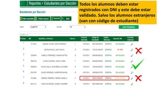 Todos los alumnos deben estar
registrados con DNI y este debe estar
validado. Salvo los alumnos extranjeros
(van con código de estudiante)
 