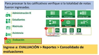 Para procesar la los calificativos verifique si la totalidad de notas
fueron ingresadas.
Ingrese a: EVALUACIÓN > Reportes > Consolidado de
evaluaciones
1
2
3
 