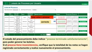El estado del procesamiento debe indicar “proceso terminado satisfactoriamente”,
para poder generar las boletas.
Si el proceso tiene inconsistencias, verifique que la totalidad de las notas se hagan
registrado correctamente y realice nuevamente el procesamiento.
correcto
Debe volver a procesar
 