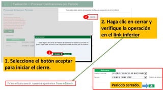 1. Seleccione el botón aceptar
para iniciar el cierre.
2. Haga clic en cerrar y
verifique la operación
en el link inferior
1
2
Periodo cerrado.
 