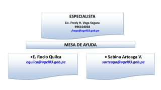 MESA DE AYUDA
ESPECIALISTA
Lic. Fredy H. Vega Segura
996104038
fvega@ugel03.gob.pe
E. Rocio Quilca
equilca@ugel03.gob.pe
 Sabina Arteaga V.
sarteaga@ugel03.gob.pe
 