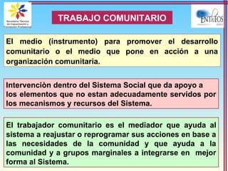 TRABAJO COMUNITARIO
El medio (instrumento) para promover el desarrollo
comunitario o el medio que pone en acción a una
organización comunitaria.
Intervenciòn dentro del Sistema Social que da apoyo a
los elementos que no estan adecuadamente servidos por
los mecanismos y recursos del Sistema.
El trabajador comunitario es el mediador que ayuda al
sistema a reajustar o reprogramar sus acciones en base a
las necesidades de la comunidad y que ayuda a la
comunidad y a grupos marginales a integrarse en mejor
forma al Sistema.
 