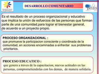 DESARROLLO COMUNITARIO
Es el resultado de un proceso organizacional y educativo
que implica la unión de esfuerzos de las personas que forman
parte de una comunidad,para lograr el bienestar general,
de acuerdo a un proyecto propio.
PROCESO ORGANIZACIONAL :
que promueve la participacion consciente y coordinada de la
comunidad, en acciones encaminadas a enfrentar sus problemas
prioritarios.
PROCESO EDUCATICO :
que genera a traves de la capacitacion, nuevas actitudes en las
personas, comprometiendolas con los demas, de manera solidaria.
 