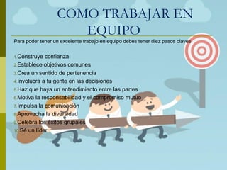 COMO TRABAJAR EN
EQUIPO
Para poder tener un excelente trabajo en equipo debes tener diez pasos claves
1.Construye confianza
2.Establece objetivos comunes
3.Crea un sentido de pertenencia
4.Involucra a tu gente en las decisiones
5.Haz que haya un entendimiento entre las partes
6.Motiva la responsabilidad y el compromiso mutuo
7.Impulsa la comunicación
8.Aprovecha la diversidad
9.Celebra los éxitos grupales
10.Sé un líder
 