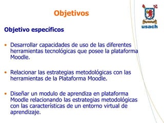 Objetivos Objetivo específicos Desarrollar capacidades de uso de las diferentes herramientas tecnológicas que posee la plataforma Moodle. Relacionar las estrategias metodológicas con las herramientas de la Plataforma Moodle. Diseñar un modulo de aprendiza en plataforma Moodle relacionando las estrategias metodológicas con las características de un entorno virtual de aprendizaje. 