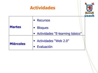 Actividades Martes Recursos Bloques Actividades “E-learning básico” Miércoles Actividades “Web 2.0” Evaluación 