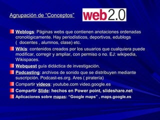 Agrupación de “Conceptos”


  Weblogs: Páginas webs que contienen anotaciones ordenadas
  cronológicamente. Hay periodísticos, deportivos, edublogs
  ( docentes , alumnos, clase) etc.
  Wikis: contenidos creados por los usuarios que cualquiera puede
  modificar, corregir y ampliar, con permiso o no. EJ: wikipedia,
  Wikispaces.
  Webquest guía didáctica de investigación.
  Podcasting: archivos de sonido que se distribuyen mediante
  suscripción. Podcast-es.org. Ares ( piratería)
  Compartir videos: youtube.com video.google.es
  Compartir Slide: hechos en Power point, slideshare.net
  Aplicaciones sobre mapas: “Google maps” , maps.google.es
 