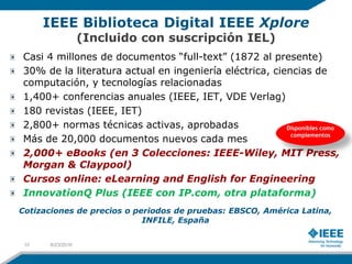 IEEE Biblioteca Digital IEEE Xplore
(Incluido con suscripción IEL)
Casi 4 millones de documentos “full-text” (1872 al presente)
30% de la literatura actual en ingeniería eléctrica, ciencias de
computación, y tecnologías relacionadas
1,400+ conferencias anuales (IEEE, IET, VDE Verlag)
180 revistas (IEEE, IET)
2,800+ normas técnicas activas, aprobadas
Más de 20,000 documentos nuevos cada mes
2,000+ eBooks (en 3 Colecciones: IEEE-Wiley, MIT Press,
Morgan & Claypool)
Cursos online: eLearning and English for Engineering
InnovationQ Plus (IEEE con IP.com, otra plataforma)
Cotizaciones de precios o periodos de pruebas: EBSCO, América Latina,
INFILE, España
Disponibles como
complementos
6/23/201610
 