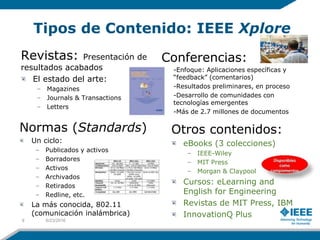 Tipos de Contenido: IEEE Xplore
Revistas: Presentación de
resultados acabados
El estado del arte:
– Magazines
– Journals & Transactions
– Letters
Conferencias:
• -Enfoque: Aplicaciones específicas y
“feedback” (comentarios)
• -Resultados preliminares, en proceso
• -Desarrollo de comunidades con
tecnologías emergentes
• -Más de 2.7 millones de documentos
Normas (Standards)
Un ciclo:
– Publicados y activos
– Borradores
– Activos
– Archivados
– Retirados
– Redline, etc.
La más conocida, 802.11
(comunicación inalámbrica)
Otros contenidos:
eBooks (3 colecciones)
– IEEE-Wiley
– MIT Press
– Morgan & Claypool
Cursos: eLearning and
English for Engineering
Revistas de MIT Press, IBM
InnovationQ Plus
6/23/20169
 