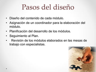 Pasos del diseño
• Diseño del contenido de cada módulo.
• Asignación de un coordinador para la elaboración del
módulo.
• Planificación del desarrollo de los módulos.
• Seguimiento al Plan.
• Revisión de los módulos elaborados en las mesas de
trabajo con especialistas.
 