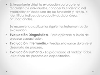 • Es importante dirigir la evaluación para obtener
rendimientos individuales, conocer la eficiencia del
trabajador en cada una de sus funciones y tareas, e
identificar índices de productividad por áreas
ocupacionales.
Se recomienda aplicar los siguientes instrumentos de
evaluación:
• Evaluación Diagnóstica.- Para aplicarse al inicio del
proceso capacitador.
• Evaluación Intermedia.- Precisa el avance durante el
desarrollo de proceso.
• Evaluación Sumaria.- La practicada al finalizar todas
las etapas del proceso de capacitación.
 