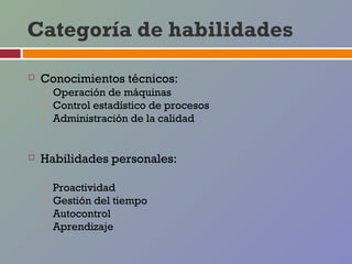 Categoría de habilidades

   Conocimientos técnicos:
       Operación de máquinas
       Control estadístico de procesos
       Administración de la calidad


   Habilidades personales:

       Proactividad
       Gestión del tiempo
       Autocontrol
       Aprendizaje
 