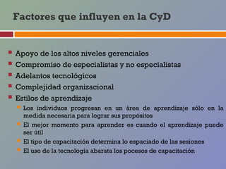 Factores que influyen en la CyD


 Apoyo de los altos niveles gerenciales
 Compromiso de especialistas y no especialistas
 Adelantos tecnológicos
 Complejidad organizacional
 Estilos de aprendizaje
   Los     individuos progresan en un área de aprendizaje sólo en la
      medida necesaria para lograr sus propósitos
     El mejor momento para aprender es cuando el aprendizaje puede
      ser útil
     El tipo de capacitación determina lo espaciado de las sesiones
     El uso de la tecnología abarata los pocesos de capacitación
 