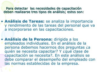 Para detectar las necesidades de capacitación
deben realizarse tres tipos de análisis; estos son:

• Análisis de Tareas: se analiza la importancia
y rendimiento de las tareas del personal que va
a incorporarse en las capacitaciones.
• Análisis de la Persona: dirigida a los
empleados individuales. En el análisis de la
persona debemos hacernos dos preguntas ¿a
quién se necesita capacitar? Y ¿qué clase de
capacitación se necesita?. En este análisis se
debe comparar el desempeño del empleado con
las normas establecidas de la empresa.

 