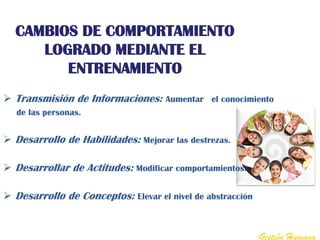 CAMBIOS DE COMPORTAMIENTO
     LOGRADO MEDIANTE EL
        ENTRENAMIENTO
 Transmisión de Informaciones: Aumentar el conocimiento
   de las personas.


 Desarrollo de Habilidades: Mejorar las destrezas.

 Desarrollar de Actitudes: Modificar comportamientos.

 Desarrollo de Conceptos: Elevar el nivel de abstracción


                                                            Gestión Humana
 