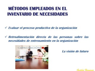 MÉTODOS EMPLEADOS EN EL
 INVENTARIO DE NECESIDADES

 Evaluar el proceso productivo de la organización

 Retroalimentación directa de las personas sobre las
  necesidades de entrenamiento en la organización


                                      La visión de futuro




                                                 Gestión Humana
 