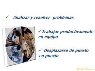  Analizar y resolver problemas


              Trabajar productivamente
              en equipo

                Desplazarse de puesto
               en puesto

                                  Gestión Humana
 