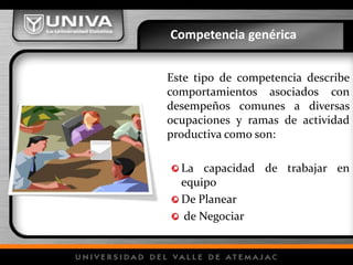 Competencia genérica
Este tipo de competencia describe
comportamientos asociados con
desempeños comunes a diversas
ocupaciones y ramas de actividad
productiva como son:
La capacidad de trabajar en
equipo
De Planear
de Negociar
 