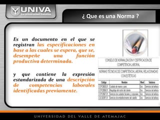 ¿ Que es una Norma ?
Es un documento en el que se
registran las especificaciones en
base a las cuales se espera, que se,
desempeñe una función
productiva determinada.
y que contiene la expresión
estandarizada de una descripción
de competencias laborales
identificadas previamente.
 