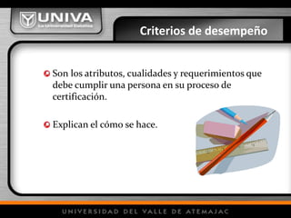 Son los atributos, cualidades y requerimientos que
debe cumplir una persona en su proceso de
certificación.
Explican el cómo se hace.
Criterios de desempeño
 