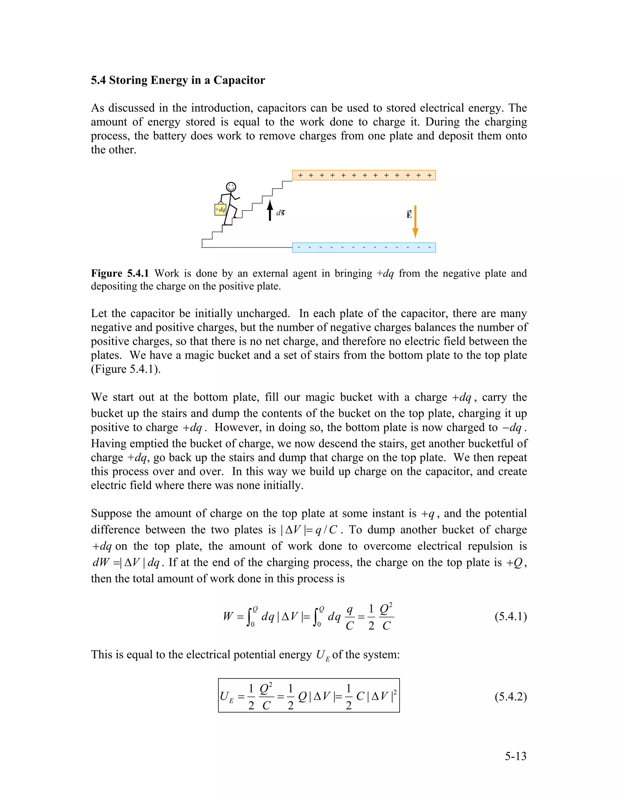 5.4 Storing Energy in a Capacitor
As discussed in the introduction, capacitors can be used to stored electrical energy. The
amount of energy stored is equal to the work done to charge it. During the charging
process, the battery does work to remove charges from one plate and deposit them onto
the other.
Figure 5.4.1 Work is done by an external agent in bringing +dq from the negative plate and
depositing the charge on the positive plate.
Let the capacitor be initially uncharged. In each plate of the capacitor, there are many
negative and positive charges, but the number of negative charges balances the number of
positive charges, so that there is no net charge, and therefore no electric field between the
plates. We have a magic bucket and a set of stairs from the bottom plate to the top plate
(Figure 5.4.1).
We start out at the bottom plate, fill our magic bucket with a charge , carry the
bucket up the stairs and dump the contents of the bucket on the top plate, charging it up
positive to charge . However, in doing so, the bottom plate is now charged to
dq+
dq+ dq− .
Having emptied the bucket of charge, we now descend the stairs, get another bucketful of
charge +dq, go back up the stairs and dump that charge on the top plate. We then repeat
this process over and over. In this way we build up charge on the capacitor, and create
electric field where there was none initially.
Suppose the amount of charge on the top plate at some instant is q+ , and the potential
difference between the two plates is | | /V q C∆ = . To dump another bucket of charge
on the top plate, the amount of work done to overcome electrical repulsion is
. If at the end of the charging process, the charge on the top plate is
dq+
| |dW V dq= ∆ Q+ ,
then the total amount of work done in this process is
2
0 0
1
| |
2
Q Q q Q
W dq V dq
C C
= ∆ = =∫ ∫ (5.4.1)
This is equal to the electrical potential energy of the system:EU
2
21 1 1
| | |
2 2 2
E
Q
U Q V C
C
= = ∆ = ∆ |V (5.4.2)
5-13
 