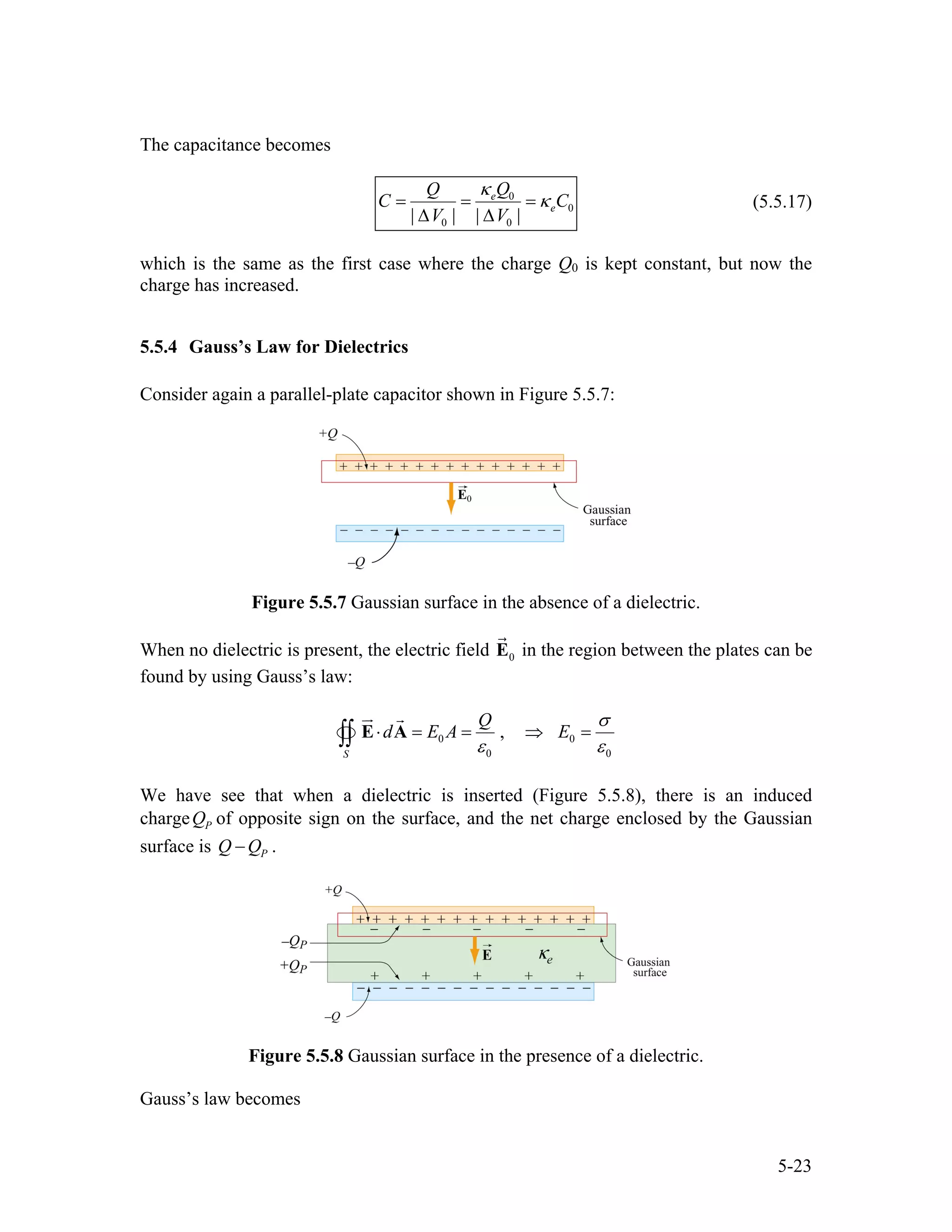 The capacitance becomes
0
0
0 0| | | |
e
e
QQ
C
V V
C
κ
κ= = =
∆ ∆
(5.5.17)
which is the same as the first case where the charge Q0 is kept constant, but now the
charge has increased.
5.5.4 Gauss’s Law for Dielectrics
Consider again a parallel-plate capacitor shown in Figure 5.5.7:
Figure 5.5.7 Gaussian surface in the absence of a dielectric.
When no dielectric is present, the electric field in the region between the plates can be
found by using Gauss’s law:
0E
0 0
0 0
,
S
Q
d E A E
σ
ε ε
⋅ = = ⇒ =∫∫ E A
We have see that when a dielectric is inserted (Figure 5.5.8), there is an induced
charge PQ of opposite sign on the surface, and the net charge enclosed by the Gaussian
surface is PQ Q− .
Figure 5.5.8 Gaussian surface in the presence of a dielectric.
Gauss’s law becomes
5-23
 