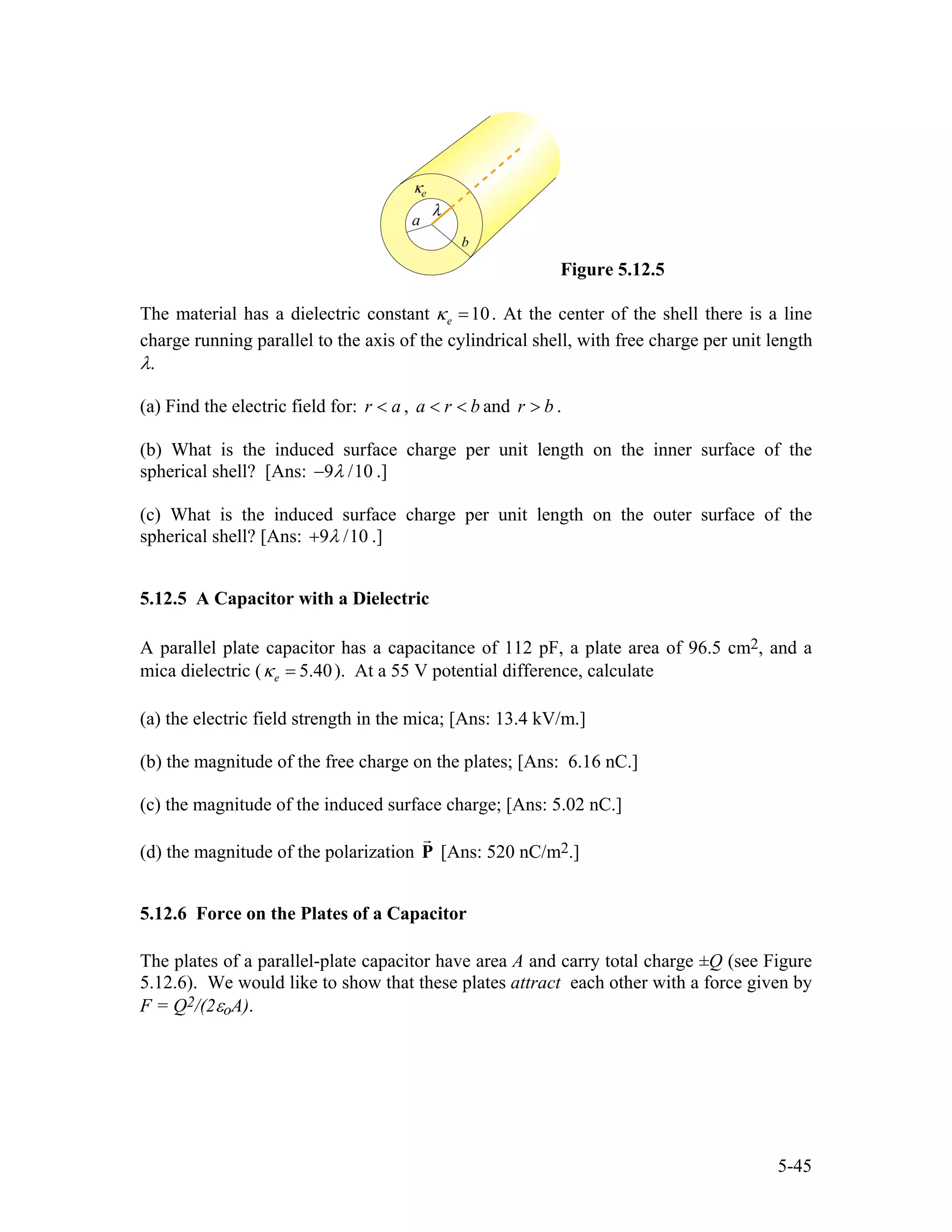 Figure 5.12.5
The material has a dielectric constant 10eκ = . At the center of the shell there is a line
charge running parallel to the axis of the cylindrical shell, with free charge per unit length
λ.
(a) Find the electric field for: ,r a< a r b< < and .r b>
(b) What is the induced surface charge per unit length on the inner surface of the
spherical shell? [Ans: 9 /10λ− .]
(c) What is the induced surface charge per unit length on the outer surface of the
spherical shell? [Ans: 9 /10λ+ .]
5.12.5 A Capacitor with a Dielectric
A parallel plate capacitor has a capacitance of 112 pF, a plate area of 96.5 cm2, and a
mica dielectric ( 5.40eκ = ). At a 55 V potential difference, calculate
(a) the electric field strength in the mica; [Ans: 13.4 kV/m.]
(b) the magnitude of the free charge on the plates; [Ans: 6.16 nC.]
(c) the magnitude of the induced surface charge; [Ans: 5.02 nC.]
(d) the magnitude of the polarization P [Ans: 520 nC/m2.]
5.12.6 Force on the Plates of a Capacitor
The plates of a parallel-plate capacitor have area A and carry total charge ±Q (see Figure
5.12.6). We would like to show that these plates attract each other with a force given by
F = Q2/(2εoA).
5-45
 
