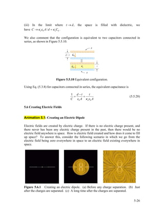 (iii) In the limit where the space is filled with dielectric, we
have .
,t d→
0 0/e eC A dκ ε κ→ = C
We also comment that the configuration is equivalent to two capacitors connected in
series, as shown in Figure 5.5.10.
Figure 5.5.10 Equivalent configuration.
Using Eq. (5.3.8) for capacitors connected in series, the equivalent capacitance is
0 0
1
e
d t t
C A Aε κ ε
−
= + (5.5.28)
5.6 Creating Electric Fields
Animation 5.1: Creating an Electric Dipole
Electric fields are created by electric charge. If there is no electric charge present, and
there never has been any electric charge present in the past, then there would be no
electric field anywhere is space. How is electric field created and how does it come to fill
up space? To answer this, consider the following scenario in which we go from the
electric field being zero everywhere in space to an electric field existing everywhere in
space.
Figure 5.6.1 Creating an electric dipole. (a) Before any charge separation. (b) Just
after the charges are separated. (c) A long time after the charges are separated.
5-26
 