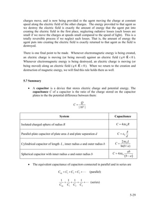 charges move, and is now being provided to the agent moving the charge at constant
speed along the electric field of the other charges. The energy provided to that agent as
we destroy the electric field is exactly the amount of energy that the agent put into
creating the electric field in the first place, neglecting radiative losses (such losses are
small if we move the charges at speeds small compared to the speed of light). This is a
totally reversible process if we neglect such losses. That is, the amount of energy the
agent puts into creating the electric field is exactly returned to that agent as the field is
destroyed.
There is one final point to be made. Whenever electromagnetic energy is being created,
an electric charge is moving (or being moved) against an electric field ( ).
Whenever electromagnetic energy is being destroyed, an electric charge is moving (or
being moved) along an electric field (
0q ⋅ <v E
0q ⋅ >v E ). When we return to the creation and
destruction of magnetic energy, we will find this rule holds there as well.
5.7 Summary
• A capacitor is a device that stores electric charge and potential energy. The
capacitance C of a capacitor is the ratio of the charge stored on the capacitor
plates to the the potential difference between them:
| |
Q
C
V
=
∆
System Capacitance
Isolated charged sphere of radius R 04C Rπε=
Parallel-plate capacitor of plate area A and plate separation d 0
A
C
d
ε=
Cylindrical capacitor of length , inner radius a and outer radius bL
02
ln( / )
L
C
b a
πε
=
Spherical capacitor with inner radius a and outer radius b
( )04
ab
C
b a
πε=
−
• The equivalent capacitance of capacitors connected in parallel and in series are
eq 1 2 3 (parallel)C C C C= + + +
eq 1 2 3
1 1 1 1
(series)
C C C C
= + + +
5-29
 