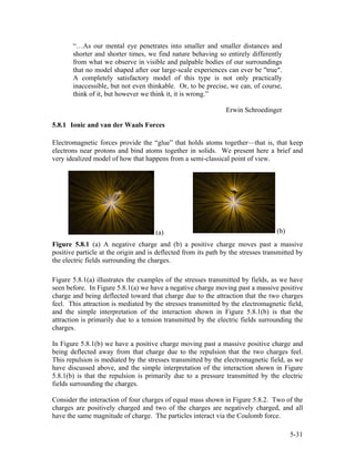 “…As our mental eye penetrates into smaller and smaller distances and
shorter and shorter times, we find nature behaving so entirely differently
from what we observe in visible and palpable bodies of our surroundings
that no model shaped after our large-scale experiences can ever be "true".
A completely satisfactory model of this type is not only practically
inaccessible, but not even thinkable. Or, to be precise, we can, of course,
think of it, but however we think it, it is wrong.”
Erwin Schroedinger
5.8.1 Ionic and van der Waals Forces
Electromagnetic forces provide the “glue” that holds atoms together—that is, that keep
electrons near protons and bind atoms together in solids. We present here a brief and
very idealized model of how that happens from a semi-classical point of view.
(a) (b)
Figure 5.8.1 (a) A negative charge and (b) a positive charge moves past a massive
positive particle at the origin and is deflected from its path by the stresses transmitted by
the electric fields surrounding the charges.
Figure 5.8.1(a) illustrates the examples of the stresses transmitted by fields, as we have
seen before. In Figure 5.8.1(a) we have a negative charge moving past a massive positive
charge and being deflected toward that charge due to the attraction that the two charges
feel. This attraction is mediated by the stresses transmitted by the electromagnetic field,
and the simple interpretation of the interaction shown in Figure 5.8.1(b) is that the
attraction is primarily due to a tension transmitted by the electric fields surrounding the
charges.
In Figure 5.8.1(b) we have a positive charge moving past a massive positive charge and
being deflected away from that charge due to the repulsion that the two charges feel.
This repulsion is mediated by the stresses transmitted by the electromagnetic field, as we
have discussed above, and the simple interpretation of the interaction shown in Figure
5.8.1(b) is that the repulsion is primarily due to a pressure transmitted by the electric
fields surrounding the charges.
Consider the interaction of four charges of equal mass shown in Figure 5.8.2. Two of the
charges are positively charged and two of the charges are negatively charged, and all
have the same magnitude of charge. The particles interact via the Coulomb force.
5-31
 