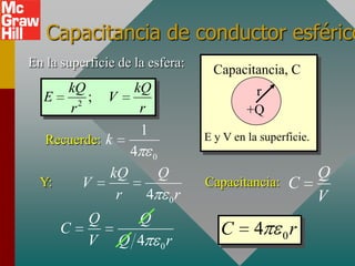 Capacitancia de conductor esférico
En la superficie de la esfera:
                                              Capacitancia, C
       kQ           kQ                                r
  E      2
           ;   V
       r             r                               +Q
                        1                   E y V en la superficie.
   Recuerde: k
                    4       0

               kQ               Q                                     Q
  Y:       V                                Capacitancia:     C
                r       4           0   r                             V
           Q         Q
       C                                       C      4      0   r
           V       Q 4 0r
 