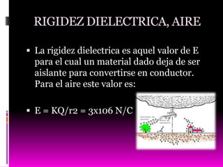 RIGIDEZ DIELECTRICA, AIRE

 La rigidez dielectrica es aquel valor de E
  para el cual un material dado deja de ser
  aislante para convertirse en conductor.
  Para el aire este valor es:

 E = KQ/r2 = 3x106 N/C
 