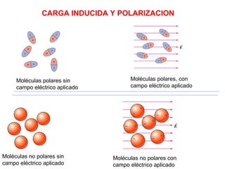 CARGA INDUCIDA Y POLARIZACION 
Moléculas polares sin 
campo eléctrico aplicado 
Moléculas polares, con 
campo eléctrico aplicado 
Moléculas no polares sin 
campo eléctrico aplicado 
Moléculas no polares con 
campo eléctrico aplicado 
 