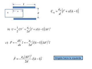 x 
ℓ 
k d = 0 [l2 + xl(k -1)] 
d 
Ceq 
e 
0 [ 2 ( 1)]( )2 
b U = CV = e + - D 
) 1 2 l xl k V 
2 2 
d 
 c ) F = - dU ˆ = - e 0 - 1 D 2 
ˆ 
[l(k )]( V ) i 
d 
i 
dx 
2 
Dirigida hacia la izquierda ( ) l(k )i 
d 
F V 1 ˆ 
2 
2 
= -e 0 D -  
 