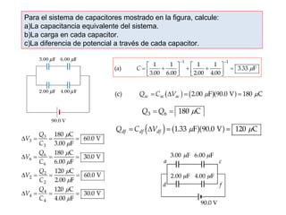 Para el sistema de capacitores mostrado en la figura, calcule: 
a)La capacitancia equivalente del sistema. 
b)La carga en cada capacitor. 
c)La diferencia de potencial a través de cada capacitor. 
 